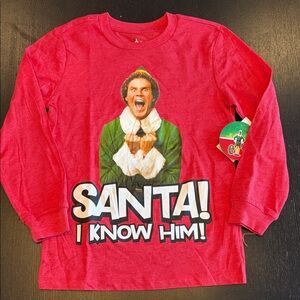 Elf “Santa! I Know Him!” Red Graphic Long Sleeve T-Shirt Size S (6/7)